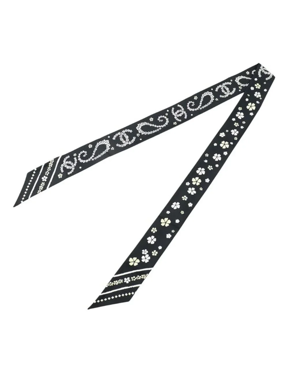 Chanel 26B Scarf CC Logo Flower Silk Black White